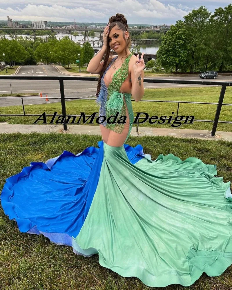 Mixed Color Mermaid Prom Dresses For Black Girls Halter Rhinestone Mermaid Evening Gowns Satin Vestidos De Fiesta Party Dress