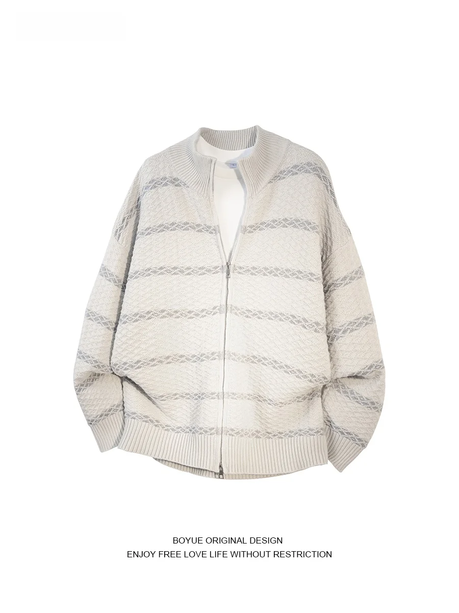 

BOYUE Color Blo Stripe Stand Collar Knitted Open Cardigan Casual Zipper Leisure Student Sweater Jaet for Men And Women
