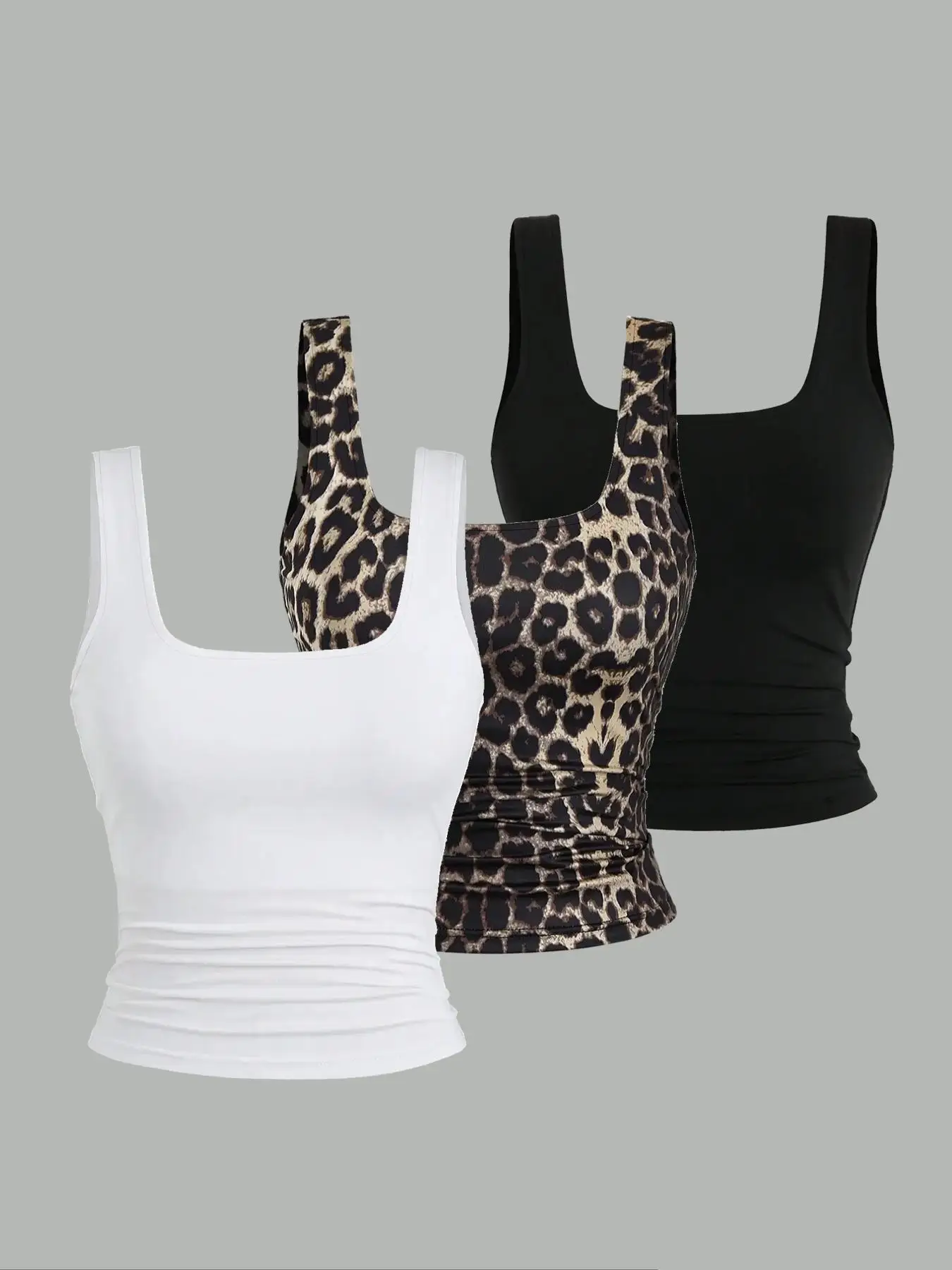 3 Pack Women Square Neck Ruched Crop Tank Tops, Leopard Print & Solid Wide Strap Slim Fit Cami Vests Y2K Sleeveless Shirts