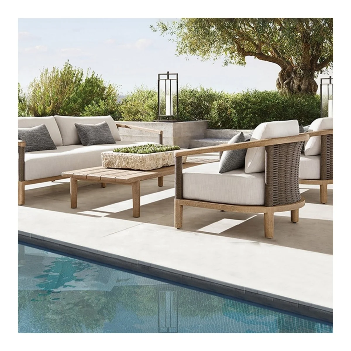 

# Outdoor Patio Furniture All Weather Waterproof Fabric Solid Wooden Teak Garden Sofa