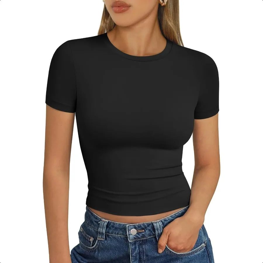 

AUTOMET Womens Short Sleeve T Shirts Basic Summer 2025 Workout Tops Crew Neck Gym Crop Tops Trendy Y2K Clothes