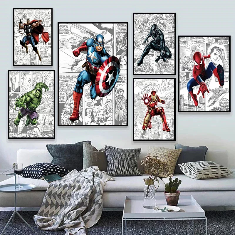 Pósteres de Marvel Comic Avengers, Capitán América, Spiderman, impresiones en lienzo, pintura, imagen artística de pared, decoración del hogar para niños