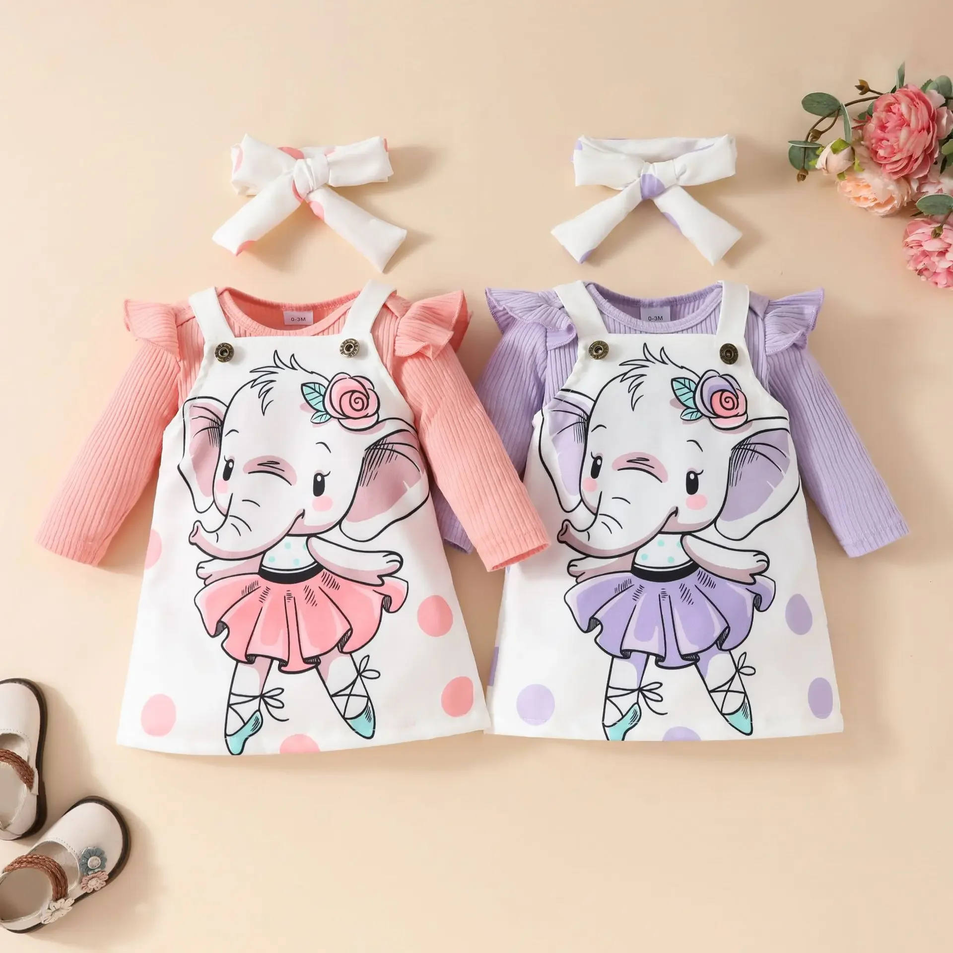 0-18M Newborn Infant Baby Girl 3Pcs Autumn Fashion Clothing Set Long Sleeve Solid Bodysuit Top Animal Cartoon Print Skirt