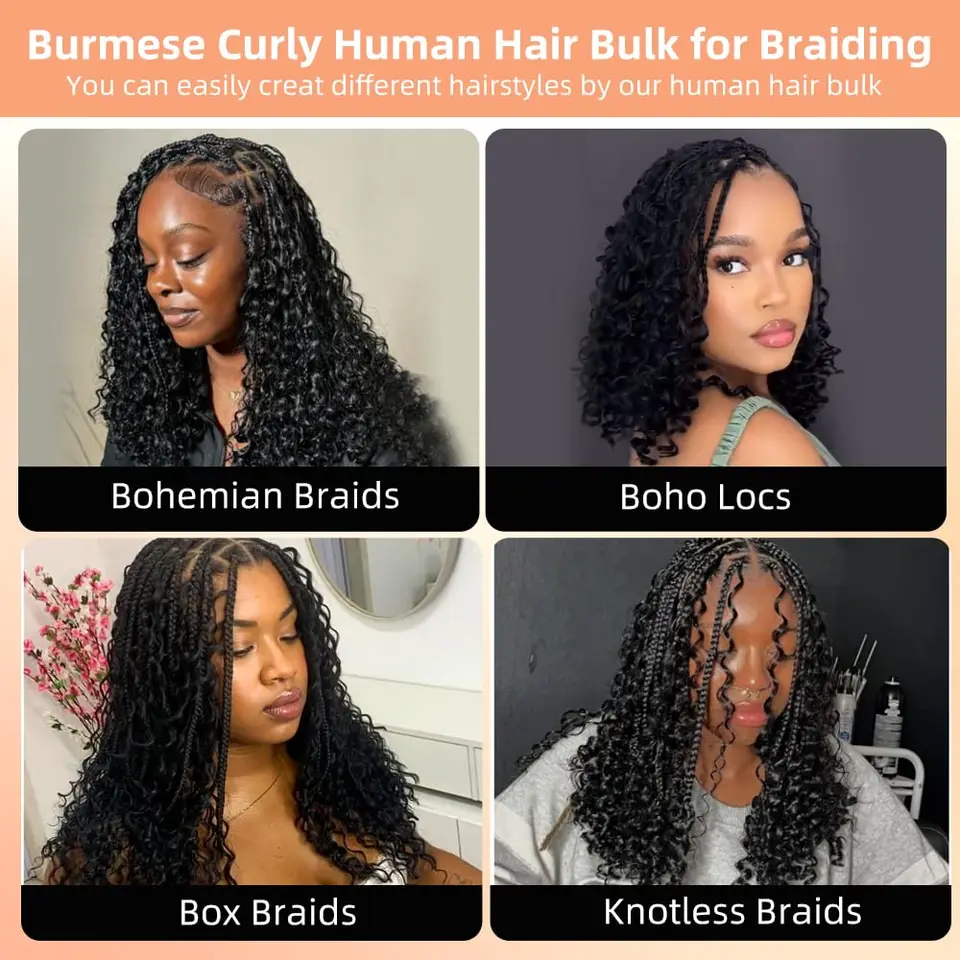 Cabello Humano Virgen para Trenzas Boho, Rizado Birmano con Puntas en Espiral, 3/4 Paquetes, 24-30 Pulgadas 6
