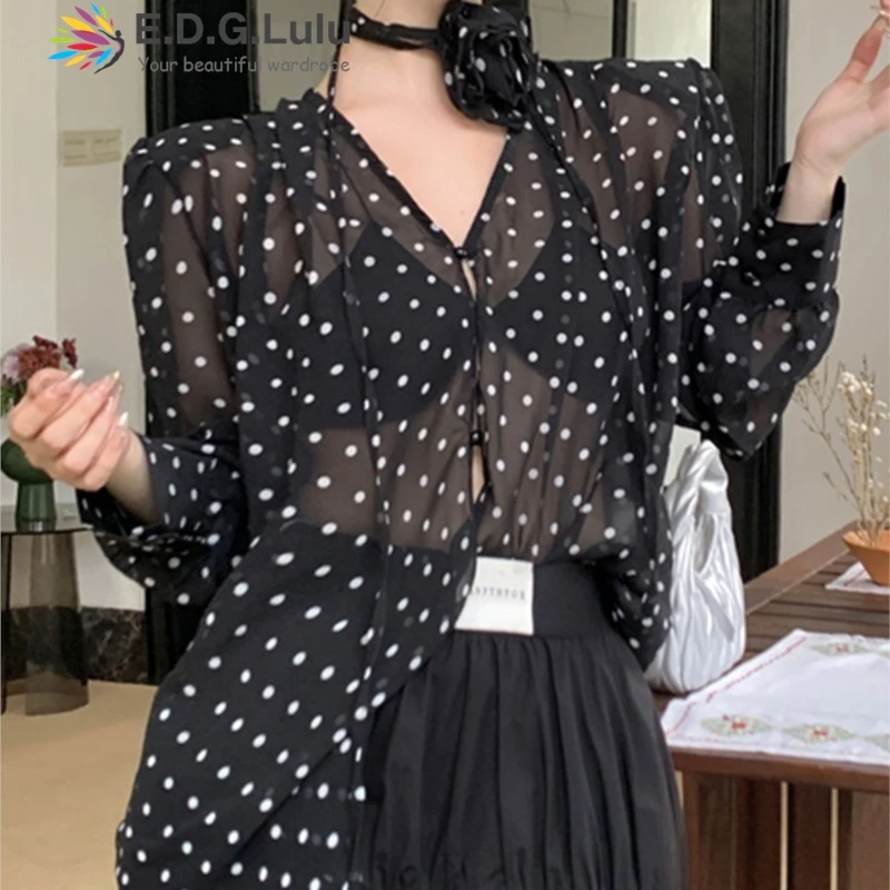 

EDGLuLu New Fashion V-Neck Long Sleeve Polka Dot See Through Blouse Woman Design Halter 3d Flowe Leisure Loose T-Shirt Top 0710