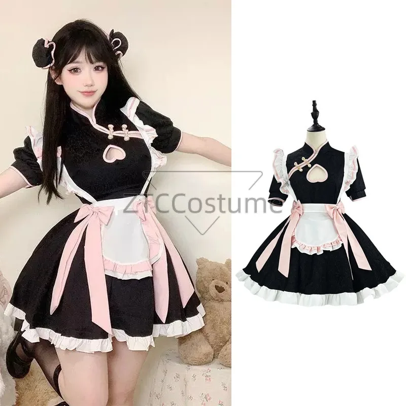 

Китайский стиль горничной Лолита аниме косплей костюм женское платье Cheongsam Хэллоуин вечерние официантка ролевые игры горничная нарядное платье