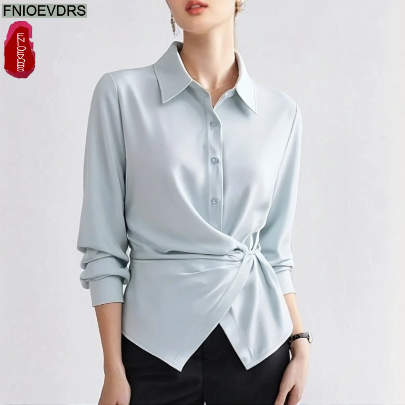 

Irregular Button Basics Shirt New Fashion Woman 2025 Autumn Long Sleeve Office Lady Work Elegant Lace-Up Tops Blouses