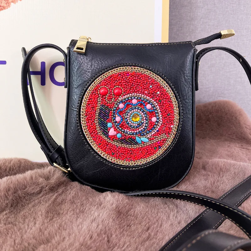 

Red Snail Pattern Beaded Crossbody Bag Women Ethnic Style Black PU Small Shoulder Bag festival boho crossbody mini boho sling