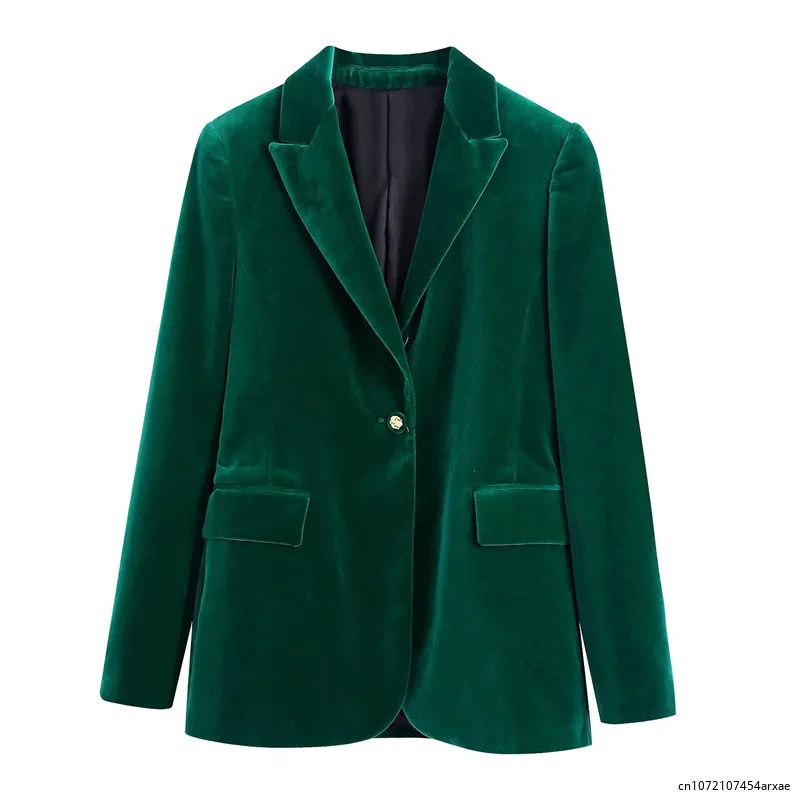 Elegant Velvet Women Blazer Fashion Office Wear Buttons-Up Long Sleeve Pockets Vintage Blazer Green Female Outfitt