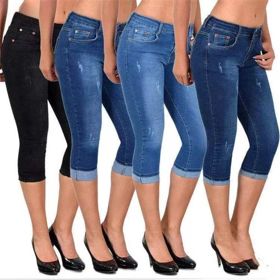 2026 Women's Summer Skinny Denim Pants Jeans Mid Waist Stretch Capri Pants Knee Length Trousers Black Blue Ladies Pencil Pants