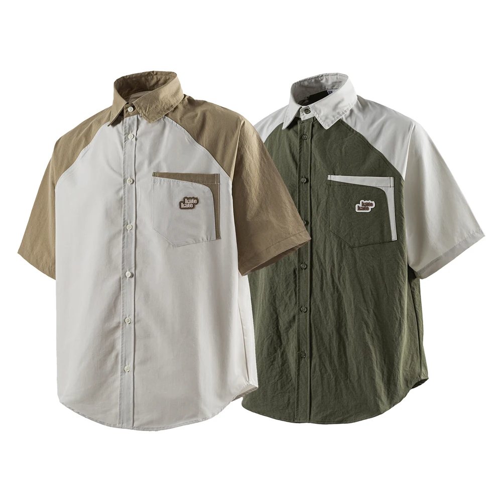 Men Summer Splice Short Sleeve Streetwear Fashion Loose Casual Oversize Cargo Shirt Cityboy Campus Blouses Tops
