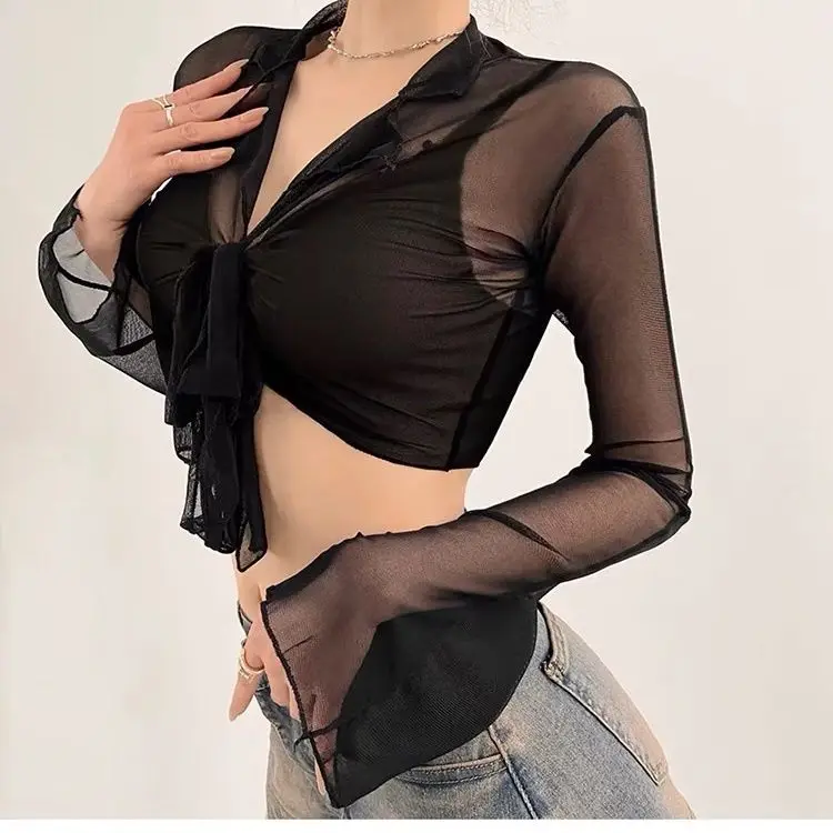 Tight Straps Hot Girls Thin Design Mesh Top Summer Pure Long-sleeved Shirt