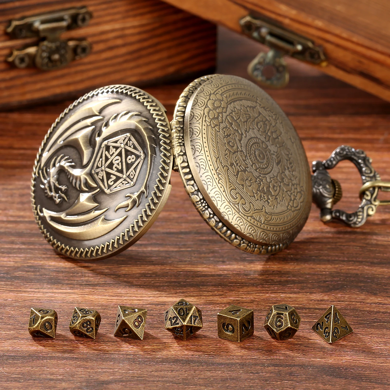 YISUYA Dragon Pocket Watch Case Dice Set , 7 Pcs Polyhedral Metal DND Dice, D&D Gifts, Roleplaying Board Game Accessories