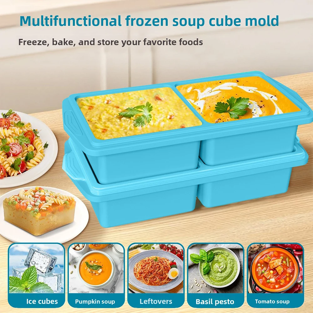 2/4 Compartment Freezer Storage Boxes Divided Design Silicone Broth Freezing Mold Stackable Food-Grade Freezer Storage Tray