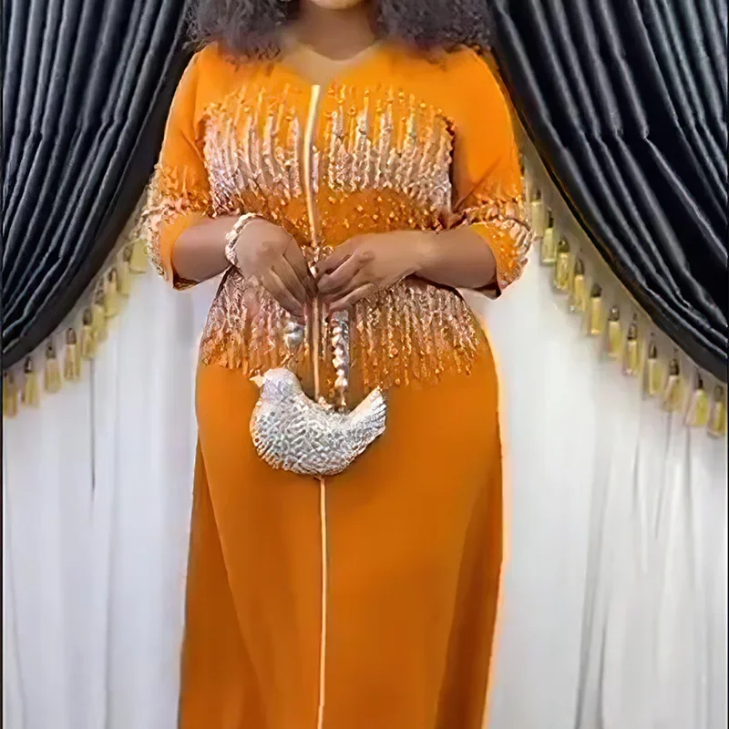 فساتين سهرة أفريقية فاخرة للنساء أنيقة مع الديكور الماس ملابس حفل زفاف ثوب أزرق تركيا فستان عبايات طويل