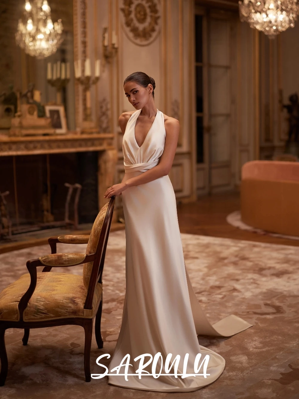 

Minimalist Halter Mermaid Wedding Dress Flowy Satin Slim Fit Customzied Bridal Gown Modern Sexy Reception Party Women Wear