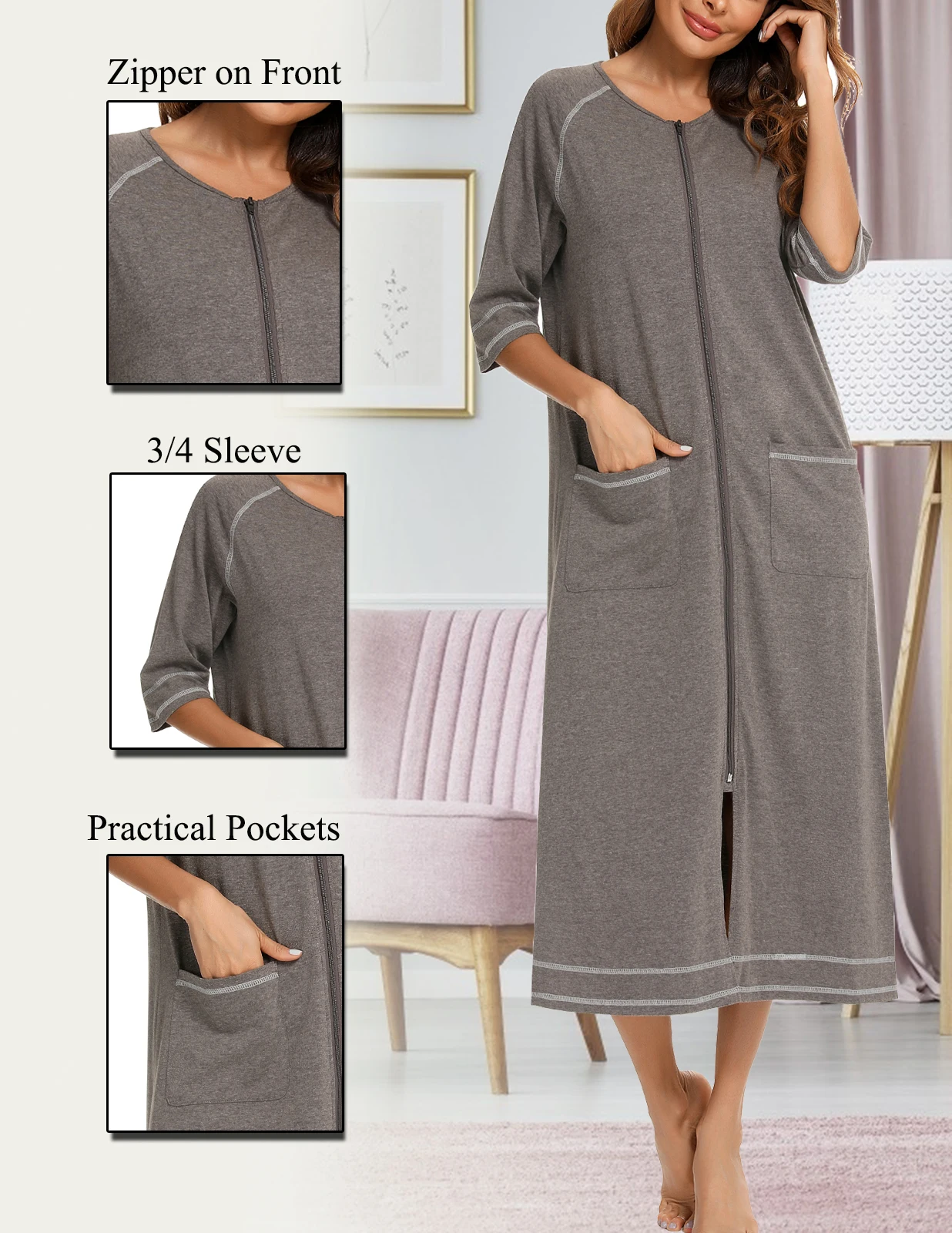 Aamikast Women Autumn Print Zipper Front Robes Long Sleepwear Soft Nightgown Warm Loungewear Maternity Bathrobe Pajamas