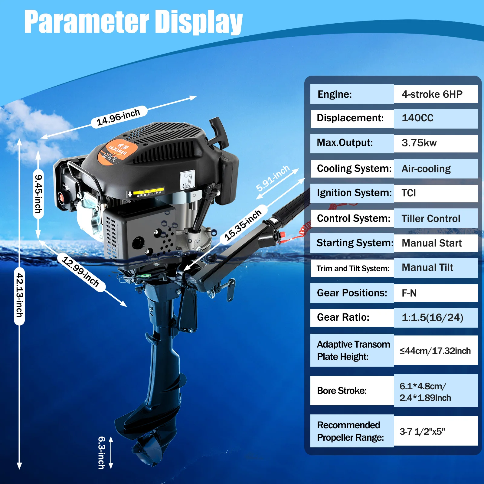 6HP 4 Stroke Outboard Motor 140CC 3.75KW Inflatable Fishing Boat Engine with TCI Air Cooling System 15" Short Shaft 4500-5500RPM