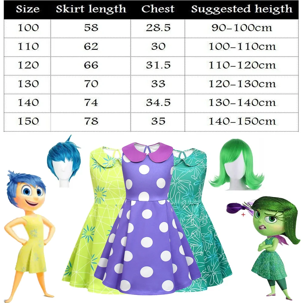 Movie Inside Out 2 Childrens Cosplay Dress Wig Costume Joy Disgust Roleplay Girls Clothing Carnival Halloween Fashion Party Sets