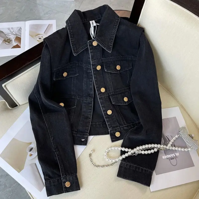 

Single Breasted Buckle Black Short Denim Coat Female Street Style Outerwear Women's Long Sleeves Clothes Solid Color Jacket