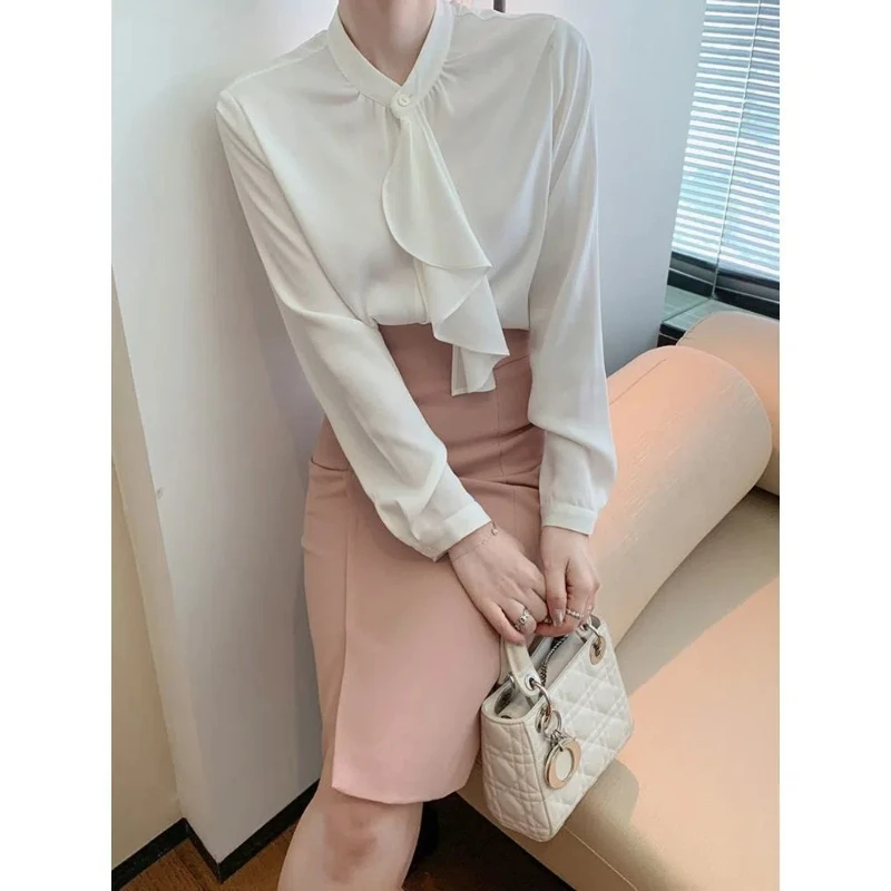 Elegant All-match Ruffles Shirt Tops Spring Autumn New Long Sleeve Loose Solid Office Blouse Temperament Fashion Women Clothing