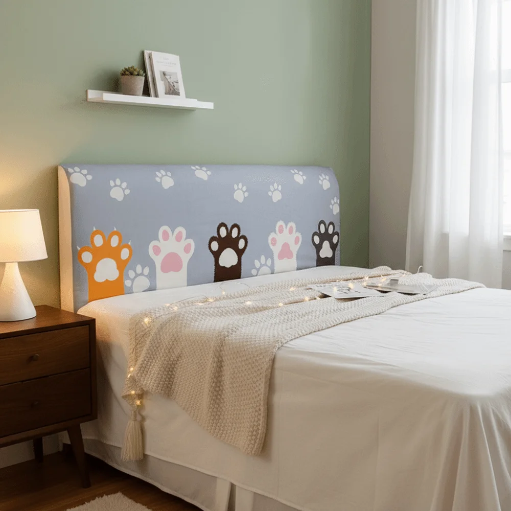 Soft Elastic Bed Head Cover Cat Pattern Dustproof Bedside Cover Skin-friendly Feel Cartoon Headboard Cover for 1.5m Bed