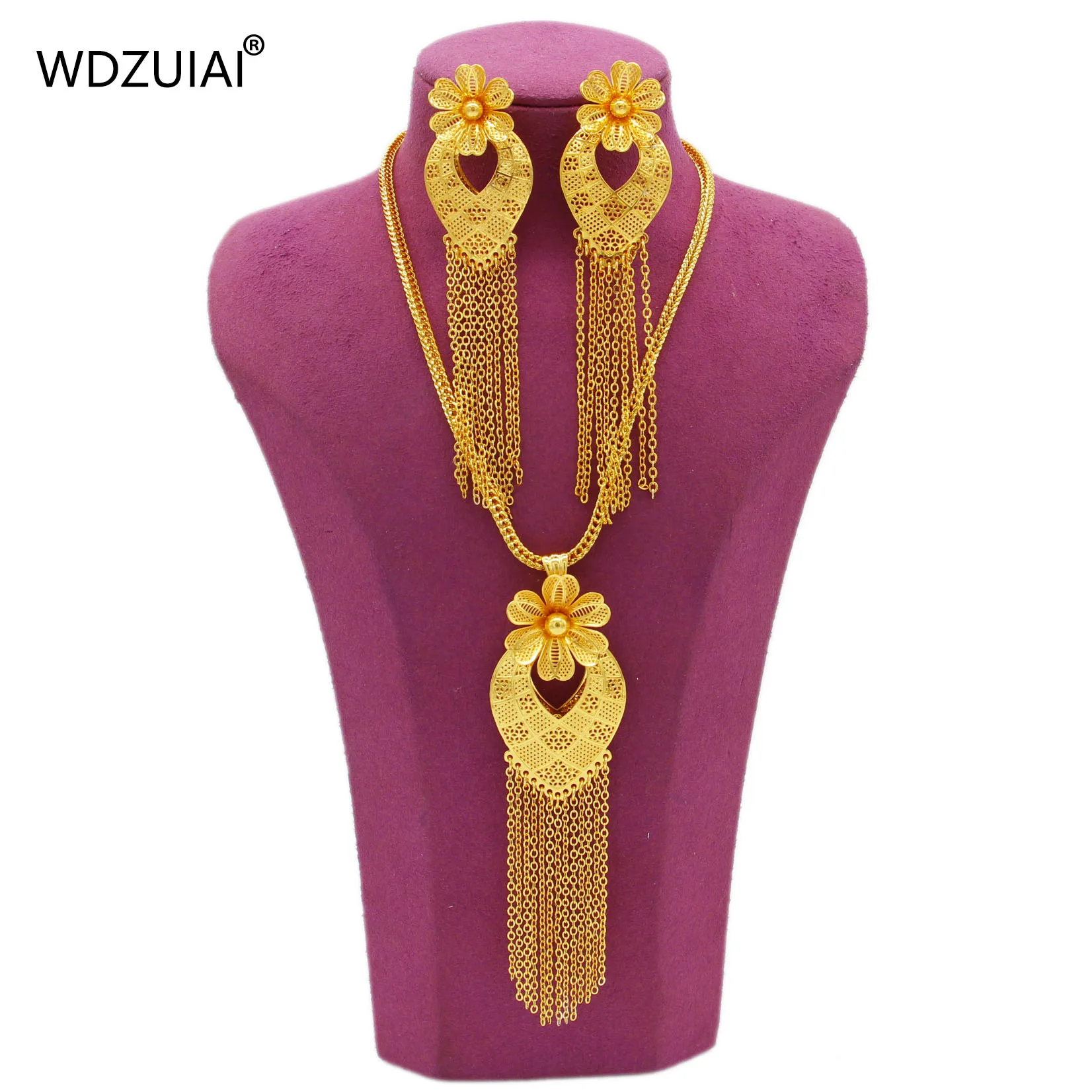 WDZUIAI Dubai 24K Gold Color Tassels Necklace/Earrings Set for Women Bridal African Arab Spain Wedding Trendy Jewelry Party Gift