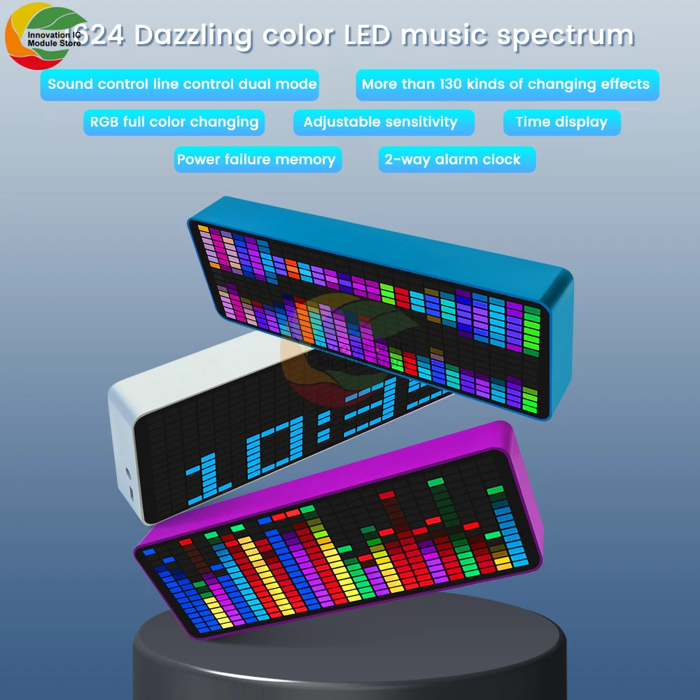 Olśniewający kolorowy wyświetlacz muzyczny z widmem RGB, podbieracz LED, oświetlenie otoczenia zegar elektroniczny wskaźnik widma kontrola dźwięku