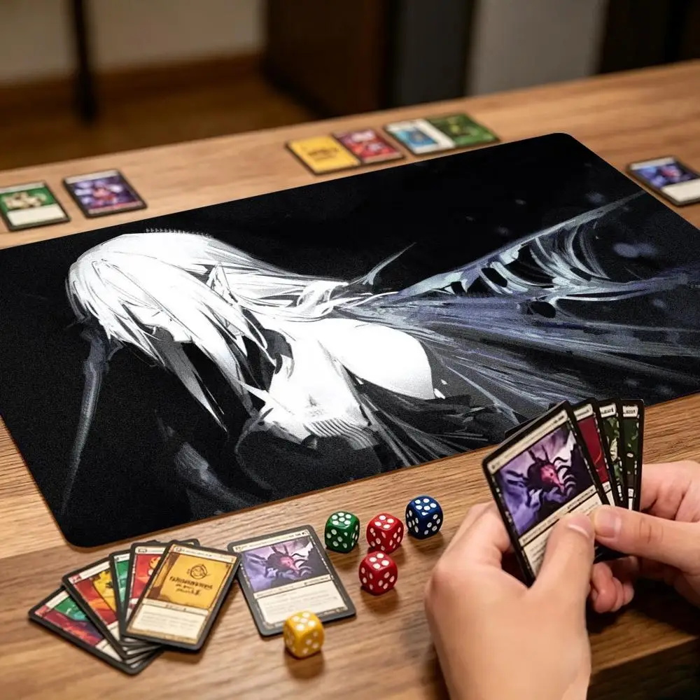 Monochrome White‑Haired Warrior Large Game Mat Non‑Slip Rubber Playmat Dark Fantasy Silhouette for Trading Card Tabletop Gaming