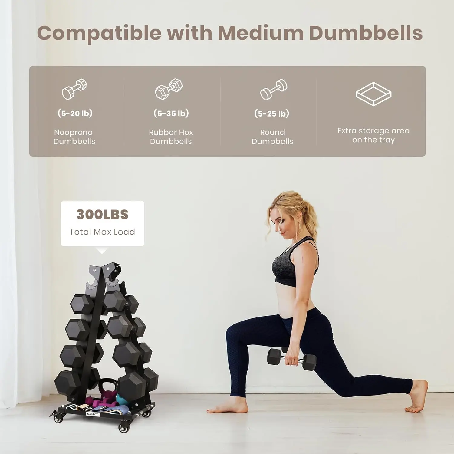 ชั้นวางดัมเบลเหล็กพรีเมียมพร้อมถาดและล้อ, ชั้นวางน้ำหนักแบบพกพาทรงตัว A สำหรับโรงยิมที่บ้าน (รองรับน้ำหนัก 200-700 ปอนด์)
