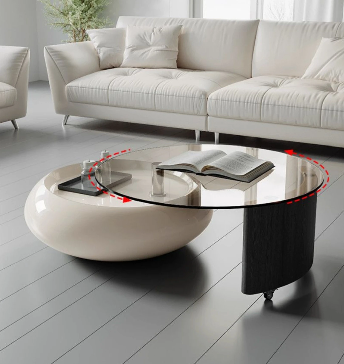 

G# Rotating Cream Style Tea Table Small Apartment Living Room Designer Light Luxury Advanced Round Temper Glass Tea Table