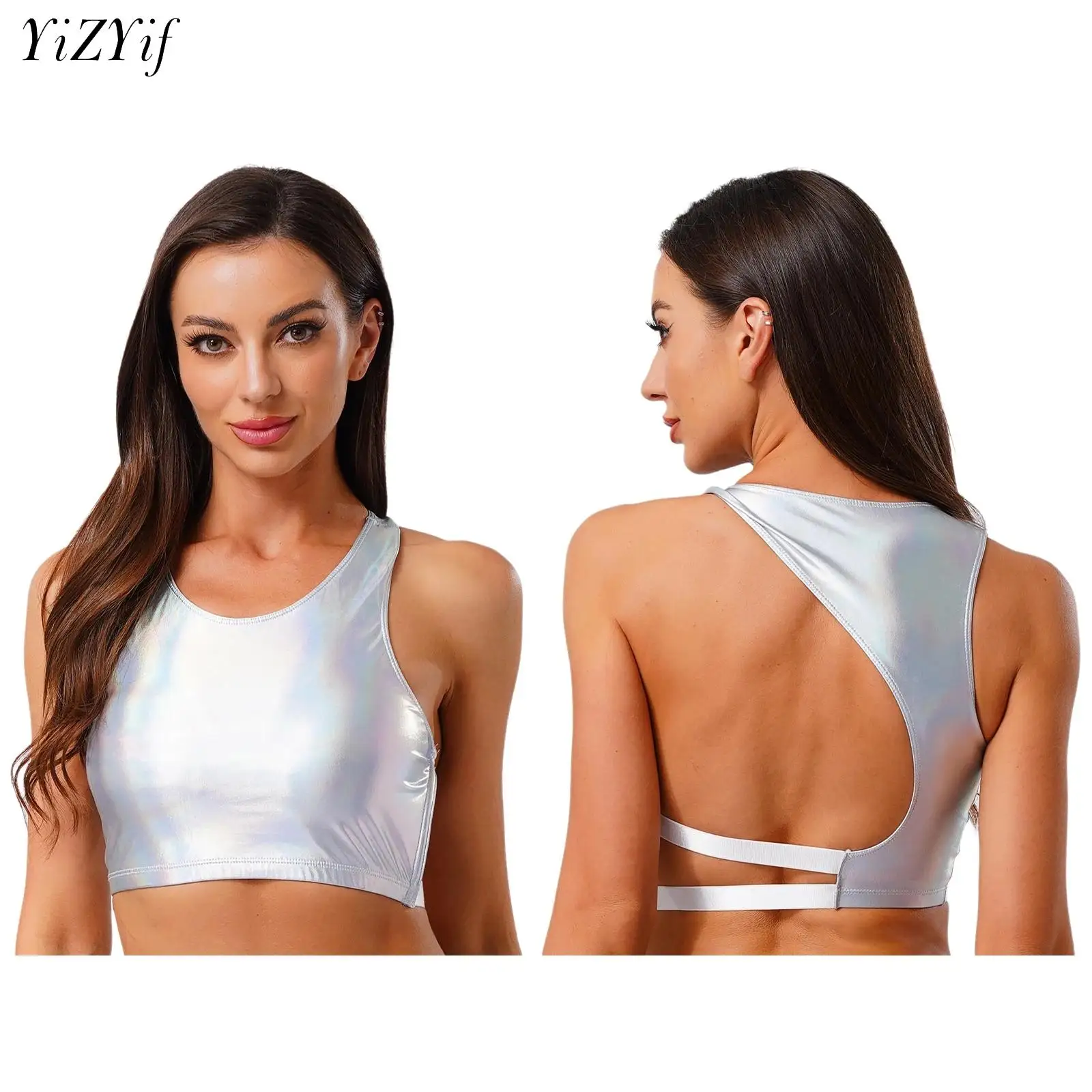 Vrouwen Gloss PU Lederen Vest Crop Tops Clubwear Terug Uitgehold Mouwloze Tank Top voor Nachtclub Rave Party Muziek Festival Dans