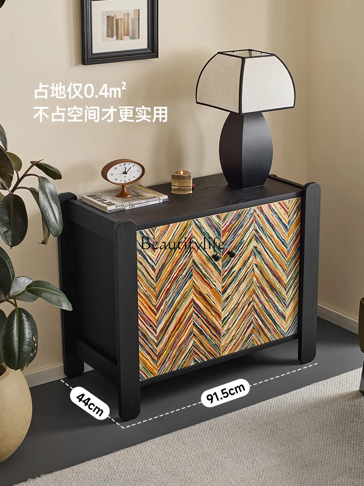 

01 Modern simple black living room storage cabinet next to the wall sofa