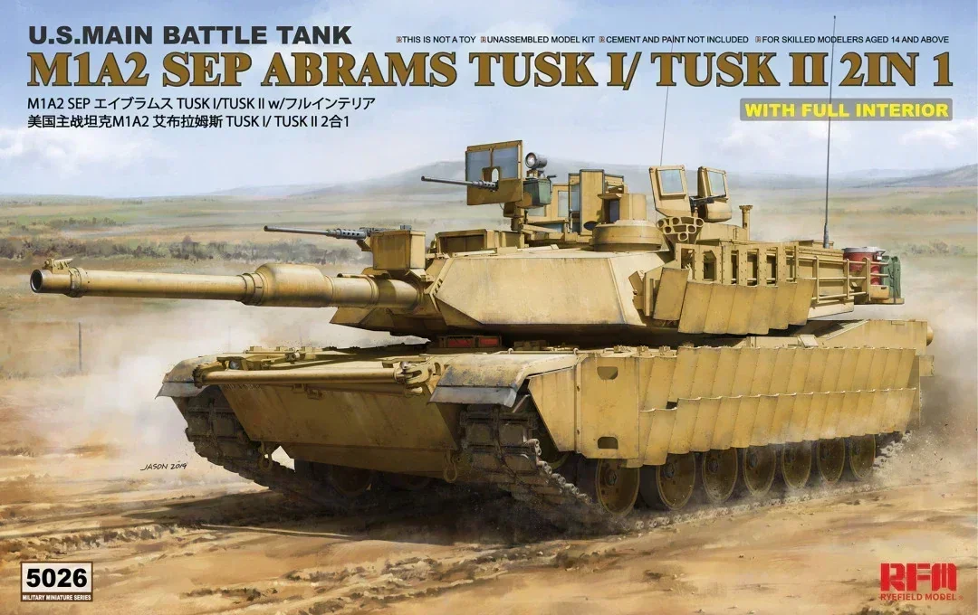 Ryefield Model Kit Assemble RM-5026 U.S. Main Battle Tank M1A2 SEP Abrams TUSK I /TUSK II, 2 in 1 with full interior 1/35