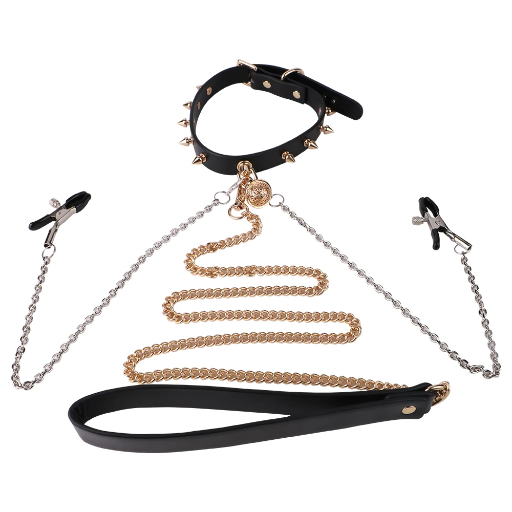 COLMISS Nipple Clamps Leather Collar Breast Clamp With Collars Choker Metal Chain Chest Clips Adult BDSM Sex Toys For Women