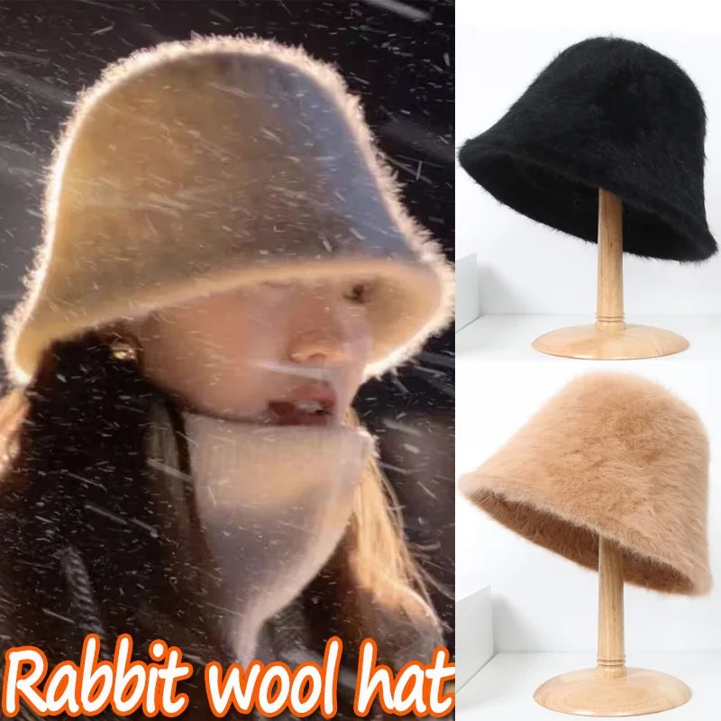 New Rabbit Wool Cute Bucket Hat Winter Plush Fisherman Hats Girl Warm White Black Solid Color Caps for Women Autumn Cold-proof