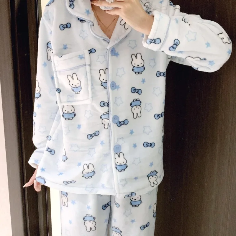 

Kawaii Miffy Coral Plush Sleepwear Set Winter Cozy Plush Pajamas for Women & Teens Cartoon Sweetheart Bunny Thermal Outwear Gift