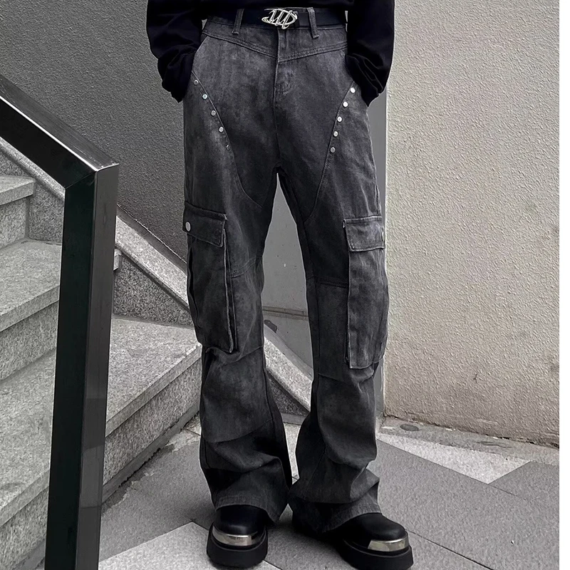 Hip-hop Cargo Jeans Men Women Retro Construction Studded Straight-leg Trousers American High Street Mixed-color Flared Jeans New