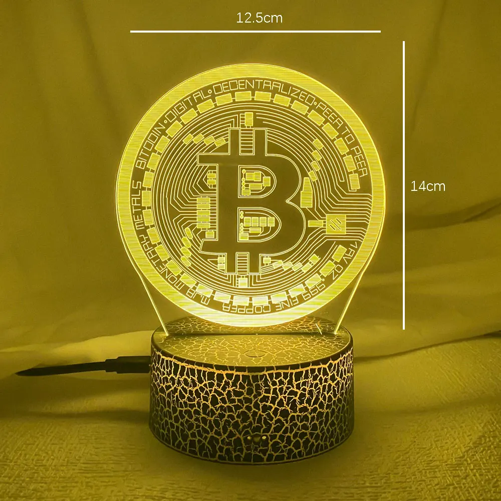 Lampu malam Led akrilik Bitcoin untuk kamar, lampu malam dekoratif Sensor sentuh 7 warna berubah daya baterai lampu malam meja 3d