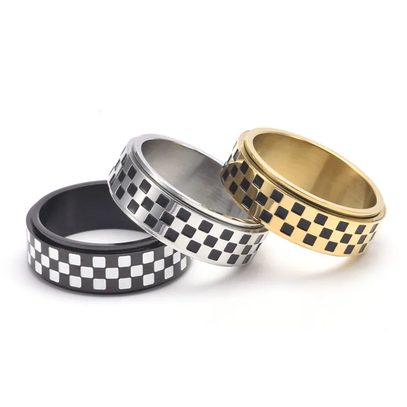8mm Stainless Steel White/Black Checkered Pattern Spinner Ring for Men Women Size 6-12