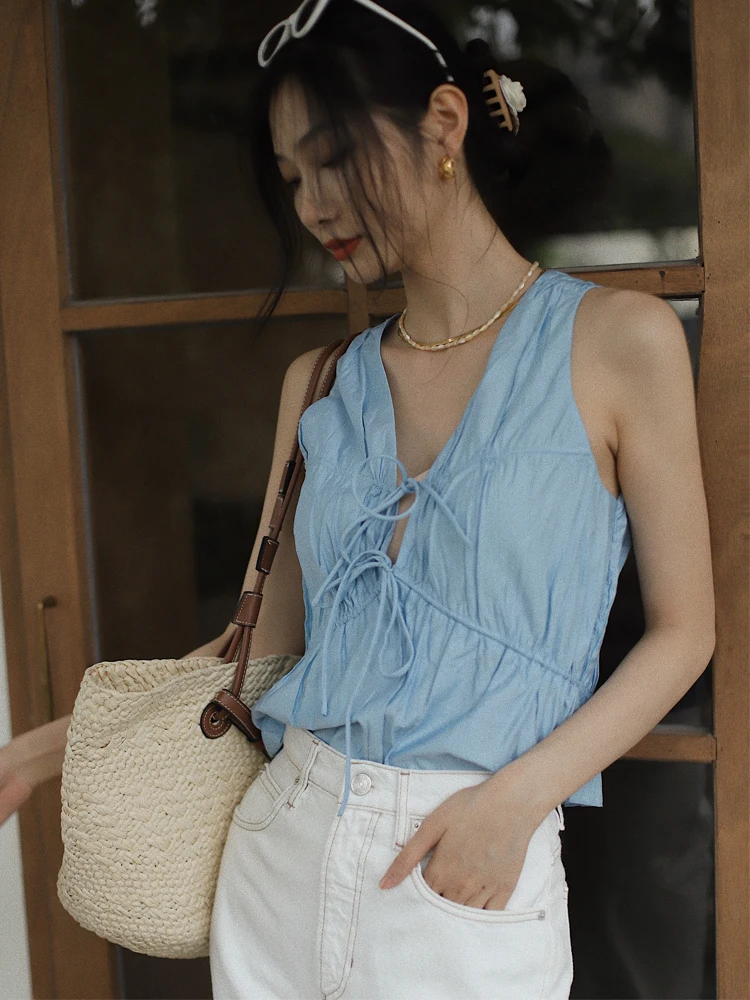 

Синяя летняя майка Otherbela с поясом, V-образным вырезом, облегающая, из полиэстера, в стиле блогеров.