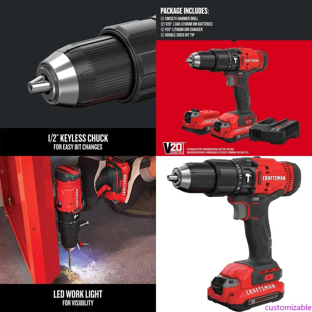 

Комплект аккумуляторной ударной дрели Craftsman V20 20 В, 1/2 дюйма, 2 аккумулятора и зарядным устройством