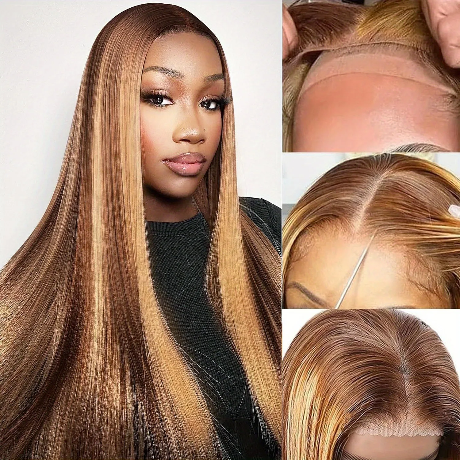 5×5レースフロントウィッグ、ハイライトストレートハニーブロンドウィッグ、人毛 # 4/27 ハニーブロンド ピアノカラー グルーレスウィッグ 女性用