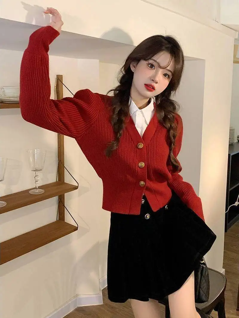 レッド V ネック オープン カーディガン ニット セーター レディース 春 秋 冬 Sle JK orm トップ ウエストシェイプ スリミング カレッジ Sle