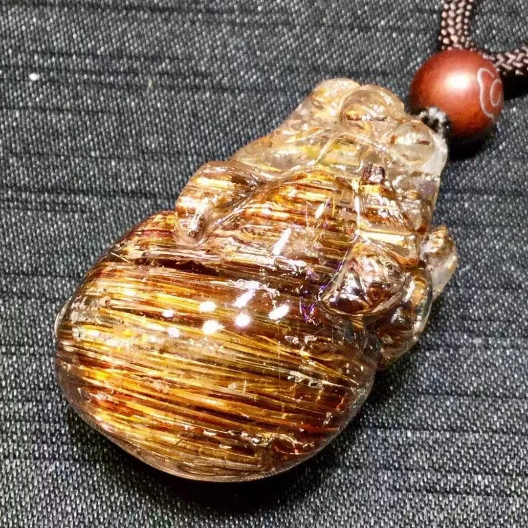 Natural Copper Rutilated Quartz Pi Xiu Pendant Rutilated Quartz Jewelry 32.5*22*17.2mm Bead Men Women Brazil AAAAAAA