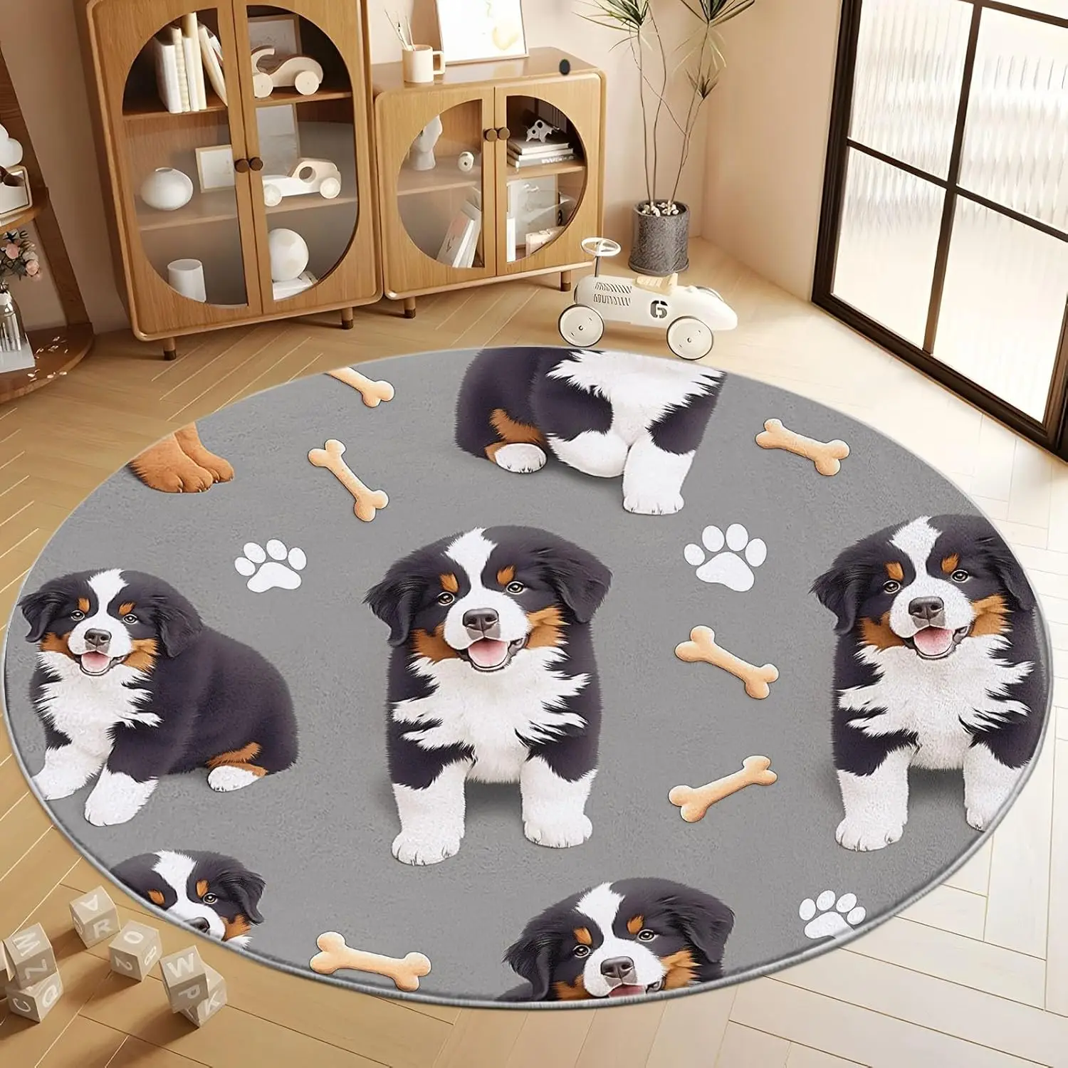 Cartoon Animals Print Round Rug,Cartoon Animal Bernese Mountain Dog Washable Circular Carpet Runner Non Slip Circle Rug Carpet