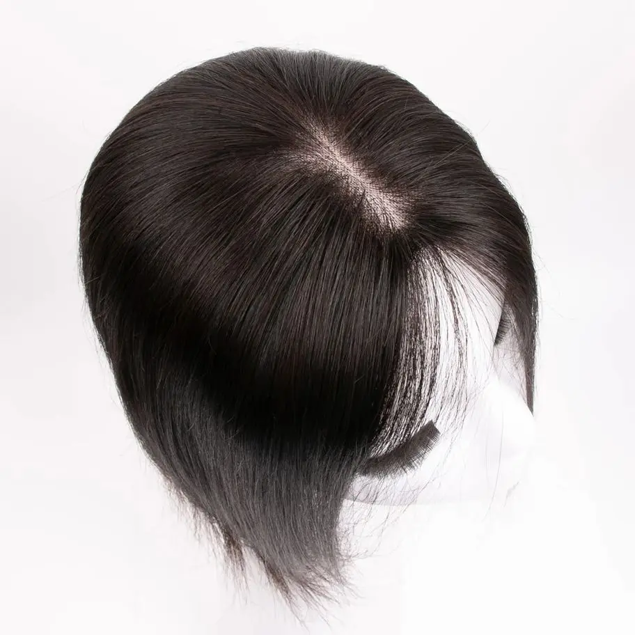 女性用バージン人毛ヘアピース、薄毛用ヘアピース、前髪なし、クリップ式ヘアピース、5x5インチモノトップベース、左分け