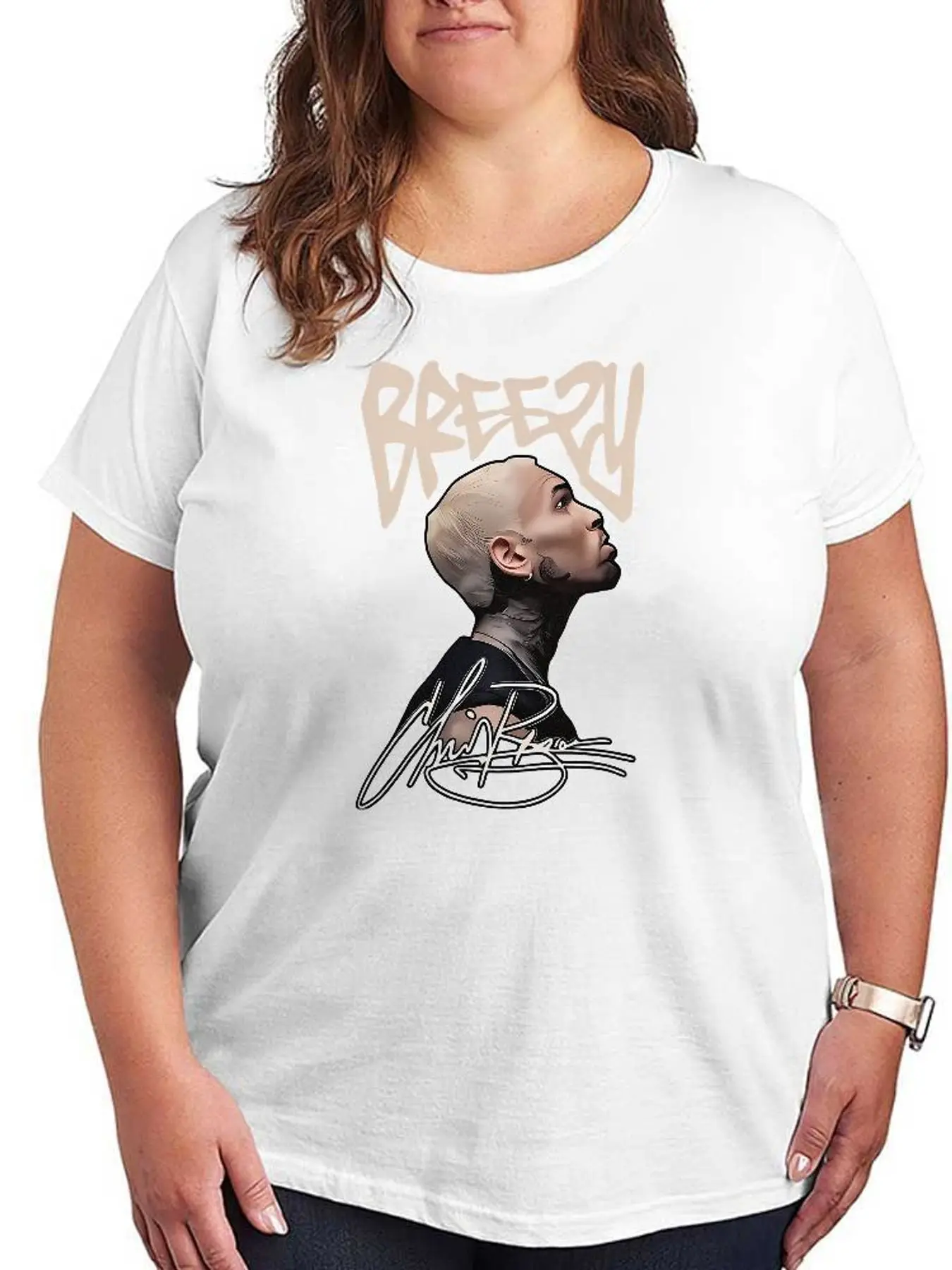 Camiseta gráfica Breezy de Chris Brown, camisetas elásticas de gran tamaño para mujer, camiseta informal suave de manga corta, ropa de verano de talla grande