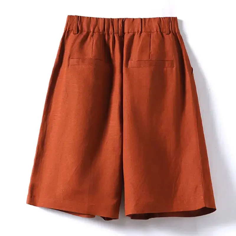 Shorts de algodão e linho para mulheres verão 2025 solto cintura alta calças largas perna casual versátil sólido retro shorts retos