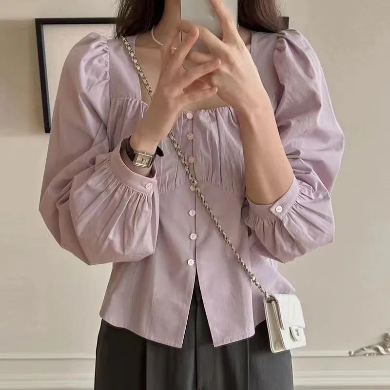 

Женский плиссированный квадратный воротник Sweet, дизайн irt Sensation, фиолетовый пузырьковый свеч на одной пуговице, Pure Color Breeze Sle